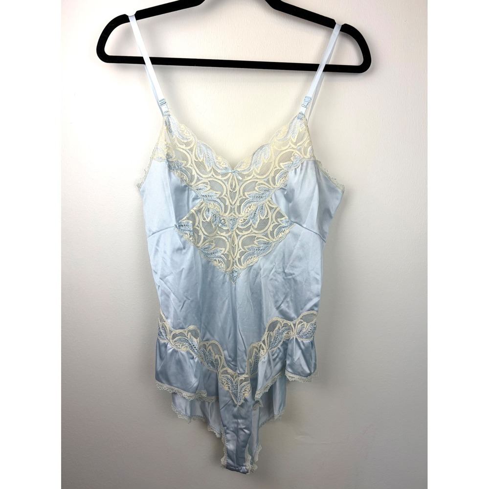 Vintage Teddy Bodysuit Medium Sheer Blue Lace Trim Lingerie Antron III Nylon